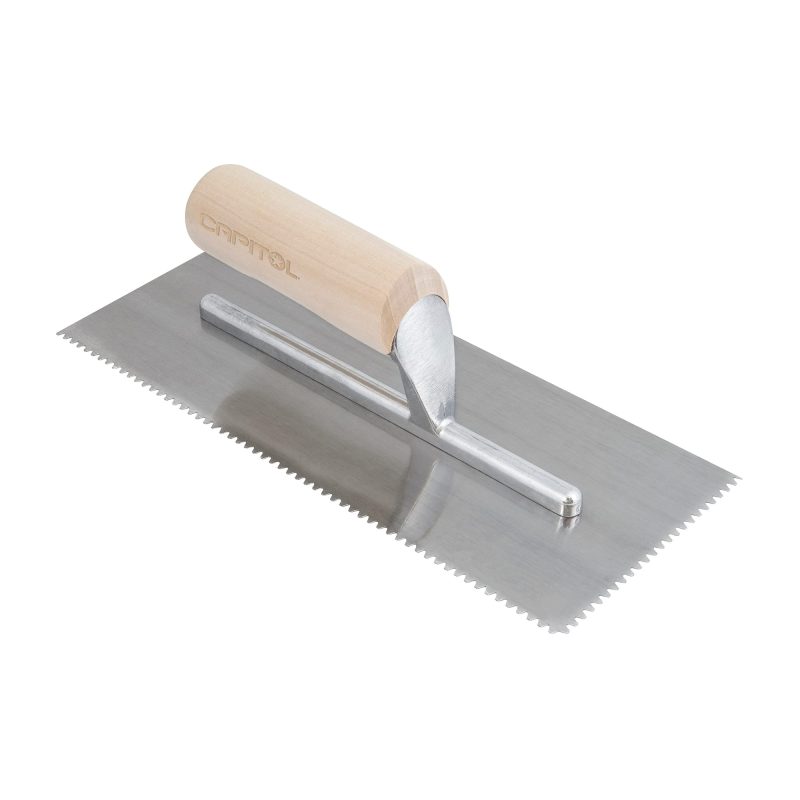 Llana profesional con dentada en "V" y extremo superior chato para la colocacion de adhesivos para pisos (1/8" x 1/8" x 1/16" - 0.32 cm x 0.32 cm x 0.16 cm); - 1